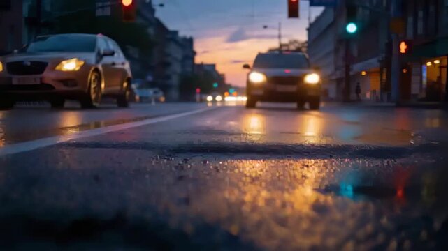 Shallow puddle anchoring shot, reflecting beams and signals as cars passing, intensifying film mood