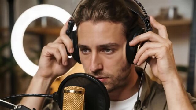 Adjusting host donning headphones on monitor cue in studio, olive top, gold mic preparing to record