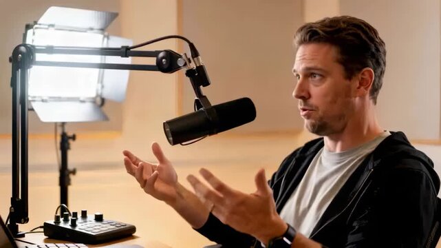 Vertical video: Recording starting, host speaking into mic on boom, gesturing at studio, hoodie