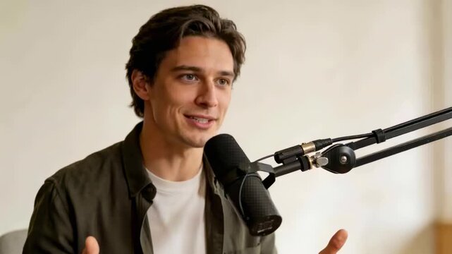 Recording starting, podcast host wearing olive shirt leaning in, speaking into mic boom in studio