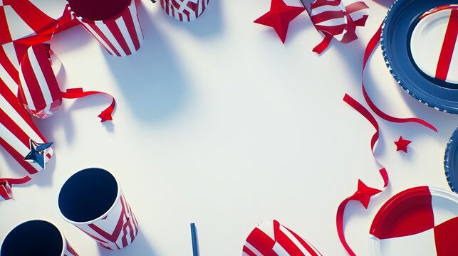 USA patriotic background. Red, white, and blue disposable party supplies, featuring plates, cups, and decorative elements suitable for celebrations Independence Day or Memorial Day. mockup