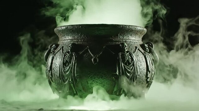 Black cauldron with skeleton designs bubbling with thick green smoke against a dark background