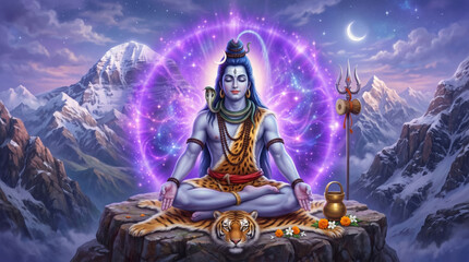 Fototapeta premium Lord shiva meditating in himalayas with glowing aura spiritual leader hinduism