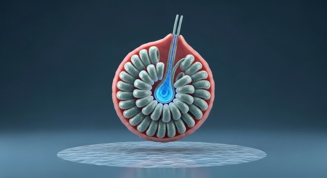Sweat gland 3D microscopic render, coiled tubular secretory structure, eccrine gland anatomy visualization, sweat duct pathway, exocrine thermoregulation system, dermatology physiology concept