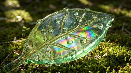 Naklejka premium Glass leaf gleams with dewdrops and rainbow hues. Sunlight dances through its intricate, shimmering veins. Soft moss cradles the delicate, handcrafted piece