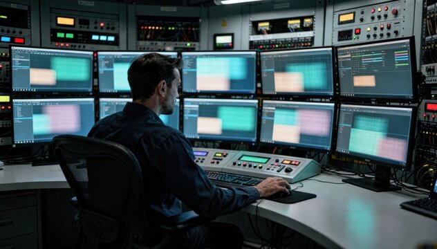 Operator observing digital SCADA screens in a control panel room analyzing realtime data flows and system performance trends to ensure operational stability.