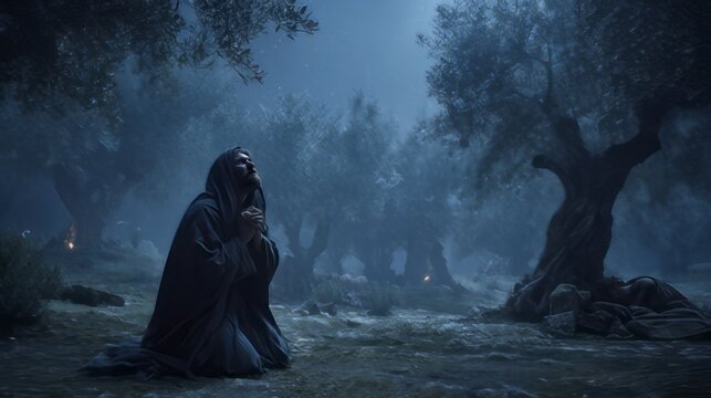 Nativity scene of Jesus kneeling and praying in the Garden of Gethsemane at night with his disciple sleeping in the last hour before he was betrayed by Judas Iscariot.