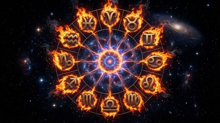 Obraz premium Flames swirl around zodiac symbols in cosmic space. Vibrant energy pulses from center of fiery circle. Stars and nebulae glow behind glowing astrological signs. Mystical design suggests destiny, fate
