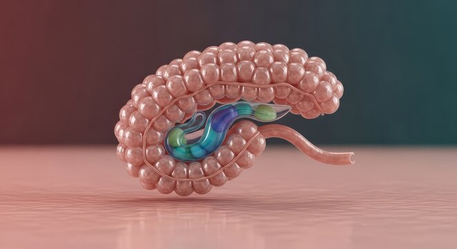 Sebaceous gland 3D microscopic render, acinar lobular structure visualization, sebocyte lipid secretion pathway, hair follicle oil gland anatomy, dermatology biology concept, skin physiology study