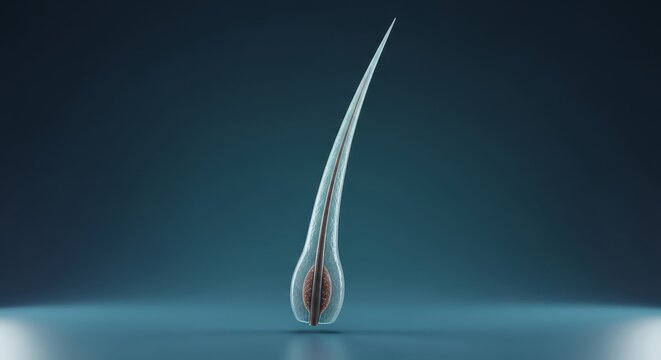 Hair shaft 3D microscopic render, keratin fiber structure visualization, cuticle cortex medulla anatomy, hair follicle biology concept, dermatology study, filament surface optics analysis