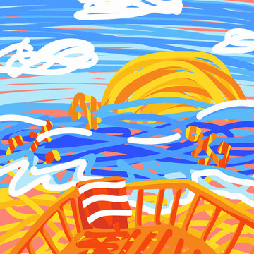 View to summer landscape of blue ocean or sea coast with white tides and striped anchors, yellow sandy beach, setting orange sun from hotel balcony with towel drying on rails; vector illustration