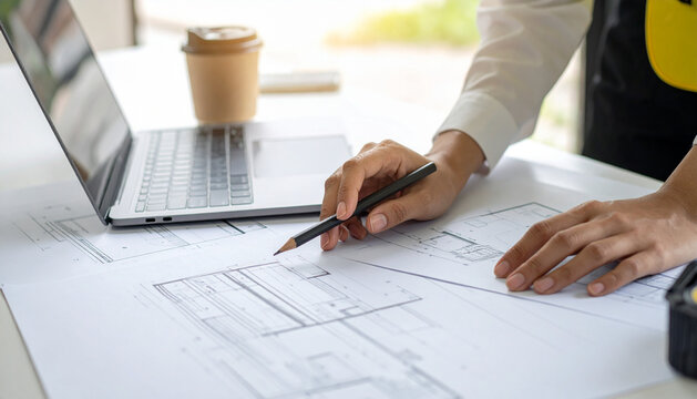 Close-up of architect hands using pen to draw blueprints on desk while working on laptop computer in bright modern office, professional engineering and development.