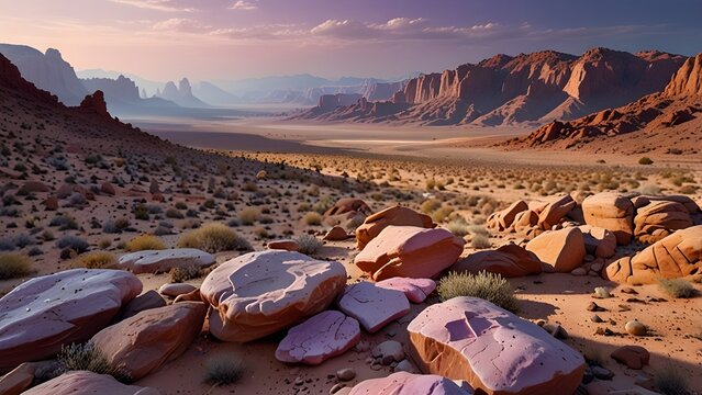 Surreal Desert Landscape with Pink Rock Formations Made of Hard Candy