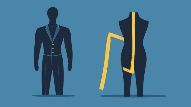 A tailored suit depicted next to a dress form with a yellow measuring tape