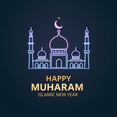 Fototapeta premium Abstract mosque and crescent moon for happy muharram islamic new year 4K AI generated with muharram crescent religion celebration spirituality tradition eid islamic cultural 4K. AI generated