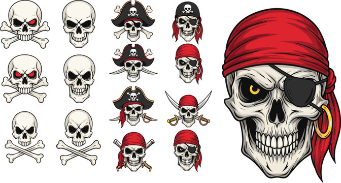 Large collection of pirate skull mascot illustrations featuring crossbones swords red bandanas and tricorne hats for gaming esport logos and nautical tattoo designs vector set.