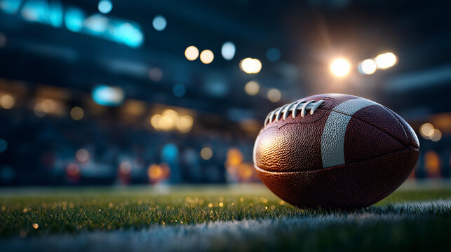 American football on the midfield turf of a professional stadium before a championship game conveying athletic competition and sports atmosphere