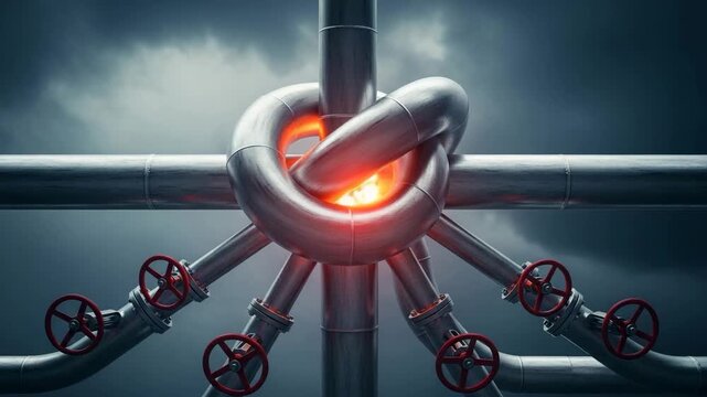Tangled Pipes: An intricately intertwined network of industrial pipes, knotted together and glowing with an ominous red light, symbolizing complexity and potential risk.