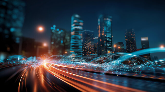 Futuristic smart city skyline at night with glowing data streams connecting skyscrapers and autonomous vehicles