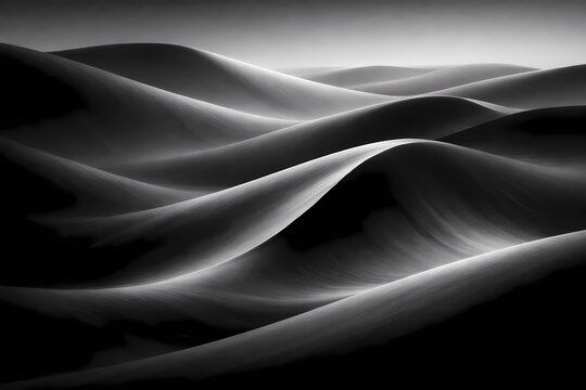Dramatic monochrome photography highlighting the smooth curving ridges of windblown sand dunes providing an elegant minimalist texture for fine art prints and abstract environmental backgrounds