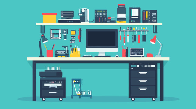 A vectorized illustration of a tech workstation. Contains computer, tools, accessories, lamps, shelves, and storage