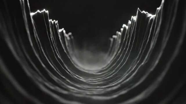 Abstract tunnel artwork with glowing lines forming a dark and mysterious landscape visual, evocative and dramatic
