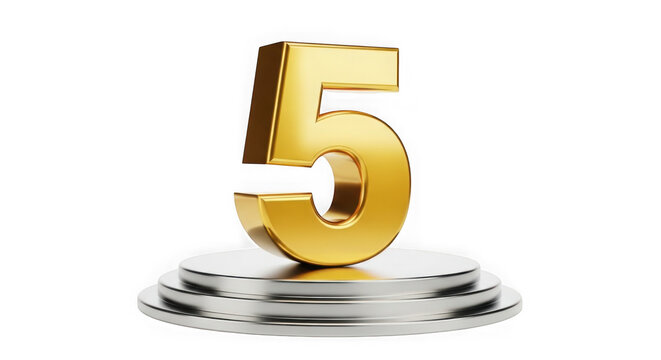 A shiny gold number five on a silver base isolated on transparent background