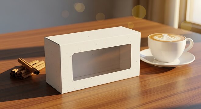 White bakery box with clear window and latte art coffee cup on wooden table, soft lighting