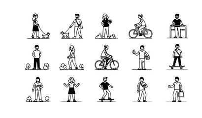 Minimal summer activity people icons grid with walking dogs cycling and skateboarding characters in pastel flat style isolated on white © MDSUJON