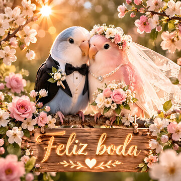 Romantic bird wedding couple on blooming branch in warm sunlight, ultra realistic spring scene with flowers and soft bokeh, perfect for wedding greeting card &ldquo;Feliz boda&rdquo;.
