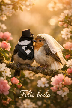 Romantic bird wedding couple on blooming branch in warm sunlight, ultra realistic spring scene with flowers and soft bokeh, perfect for wedding greeting card &ldquo;Feliz boda&rdquo;.
