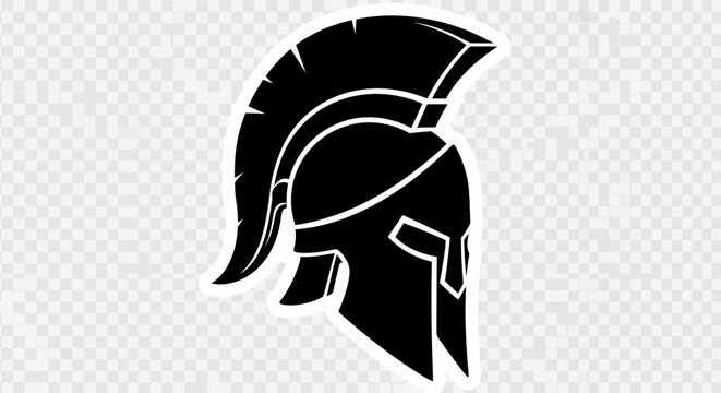 Black and white spartan helmet illustration on transparent background