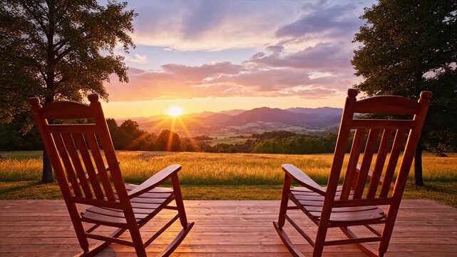 Two wooden rocking chairs on porch at sunrise over misty rural valley