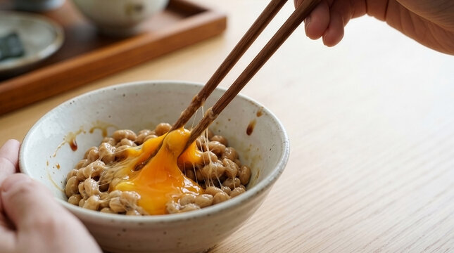 reparing a Superfood Bowl: Hands Mixing Sticky Natto, Raw Egg Yolk, and Soy Sauce in a Ceramic Dish on a Tidy Traditional Table