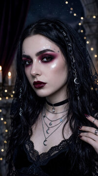 Beautiful young woman with dark vamp romantic makeup and lace dress wearing moon jewelry for gothic glamour and haunting mystery aesthetic in beauty trend