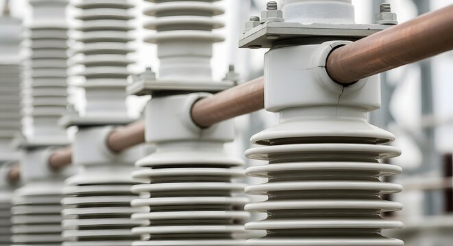 Industrial electrical insulators in power plant.