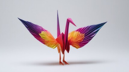 Obraz premium Colorful origami bird with vibrant folded paper wings isolated on minimal clean background