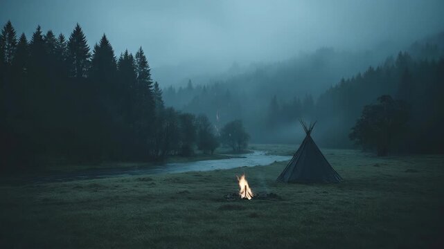 Misty forest campsite with glowing campfire and tipi tent by winding river. Serene wilderness landscape in foggy mountains for outdoor adventure and nature retreat concept