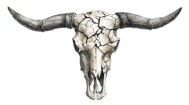 Vintage bull skull with long horns engraving sketch style isolated on white background rustic symbol