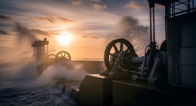 Industrial harbor at sunrise with steam.