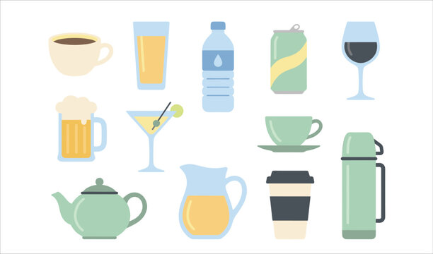 Assorted beverage icons set featuring coffee tea water wine beer and juice containers collection