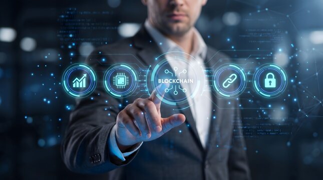 Professional businessman accessing secure blockchain digital data technology interface
