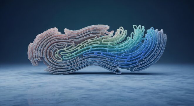 Endoplasmic reticulum network visualization, rough and smooth ER structure, intracellular protein and lipid synthesis system 3D render, membranous transport pathways model, cellular biosynthesis 