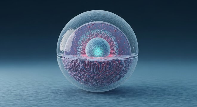 Cell nucleus chromatin architecture visualization, nuclear envelope pore complex structure, genetic regulation model 3D render, nucleolus activity analysis, intracellular organelle biology 