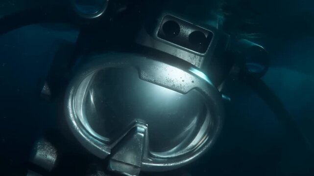 Tracking shot of vintage diving helmet slowly descending with rising bubbles and light rays in murky deep blue ocean environment closeup