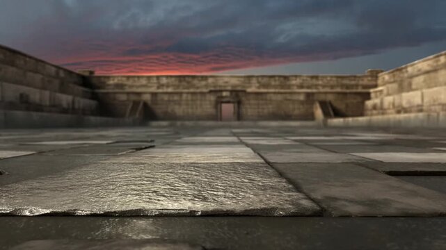 Tracking shot forward over low wet stone tiles approaching fortress wall and central gate in walled courtyard at dusk with cloudy sky