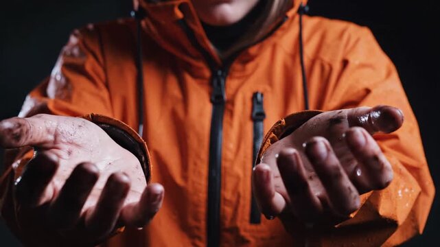 Close-up of person in wet orange waterproof jacket with zipper, dark background.