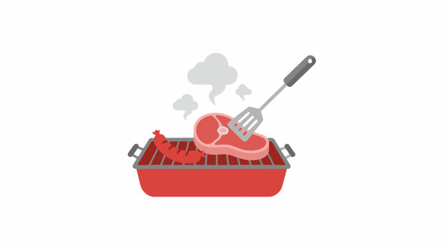 BBQ Grill Illustration with Meat Steak and Sausage on White