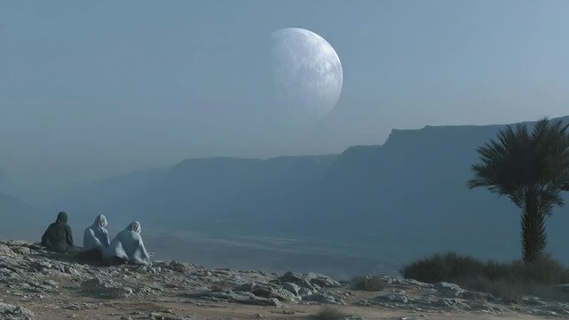 Three robed figures sitting on rocks under full moon in desert landscape. Mountain cliffs and palm tree in arid night scene. Serene observation in remote terrain.