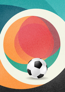 Vibrant illustration of soccer ball on retro background with overlapping colorful circles and grainy noise texture. Vector flyer design for sports posters and banners